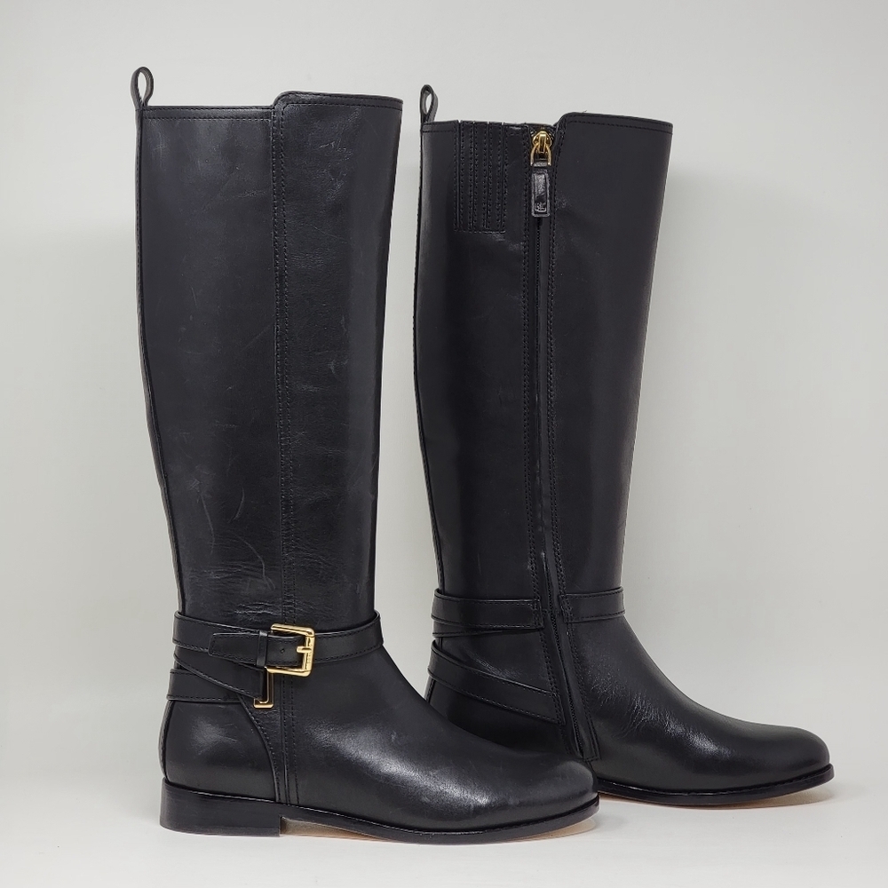 Ralph Lauren Blayke Buckled Riding Boots Black Saddle Women's Size 5.5 New - Picture 2 of 13